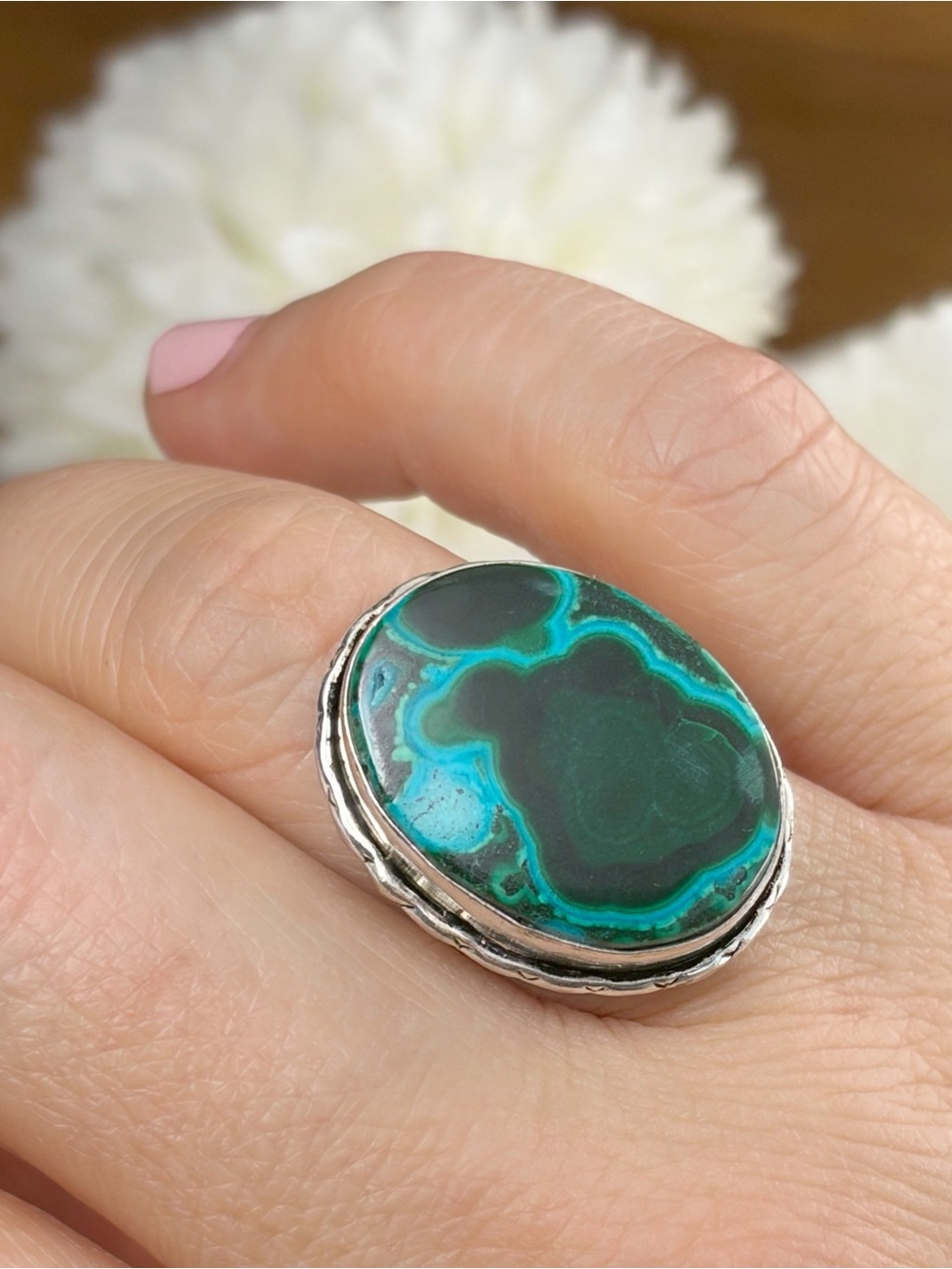 Chunky Malachite Chrysocolla Ring Size 6 1/4 6.25 Sterling Silver 925 Overlay - Picture 2 of 8